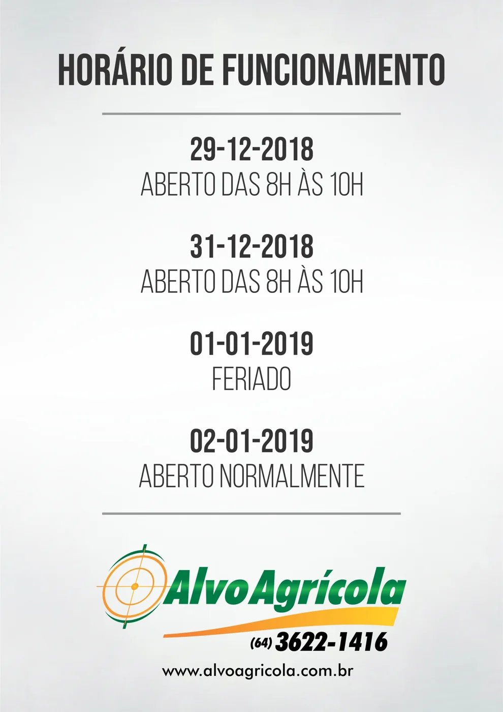 Horário de funcionamento final de ano - alvo agrícola
